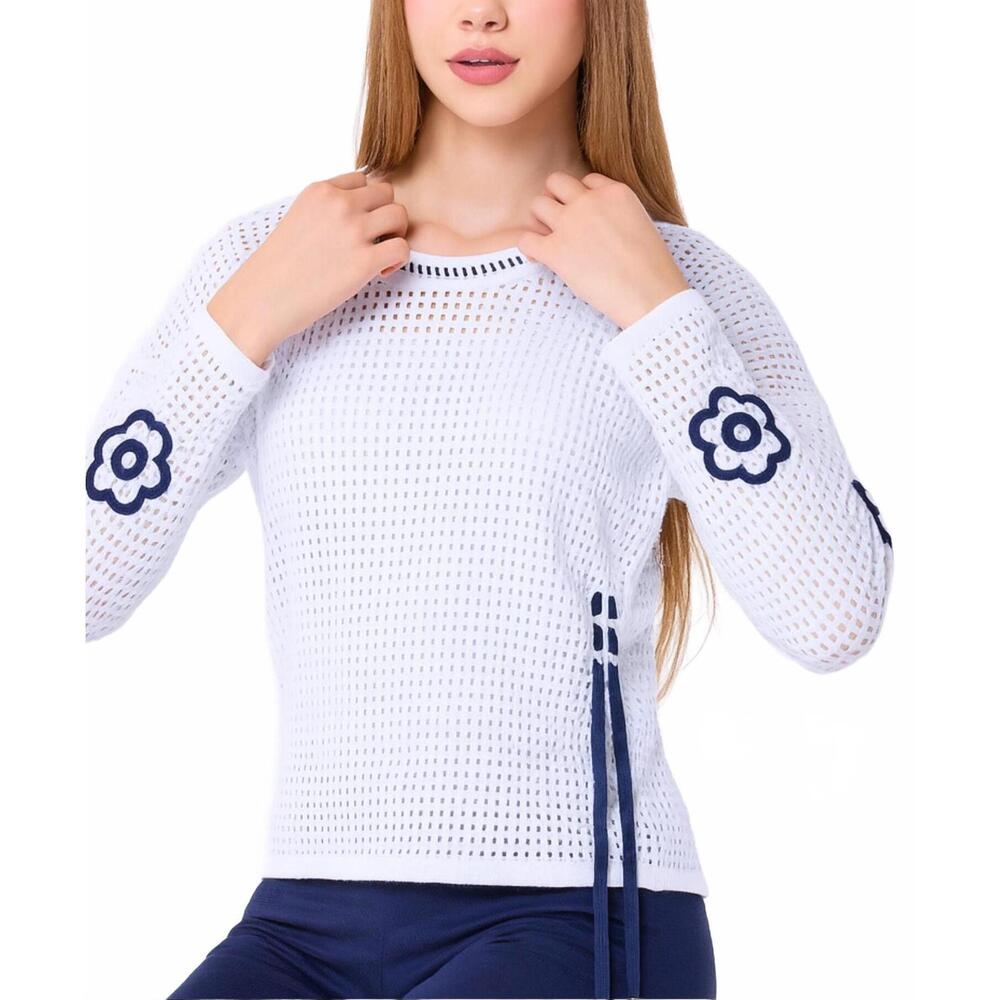 NEW FRENCH KYSS handmade flower tie top in white/navy